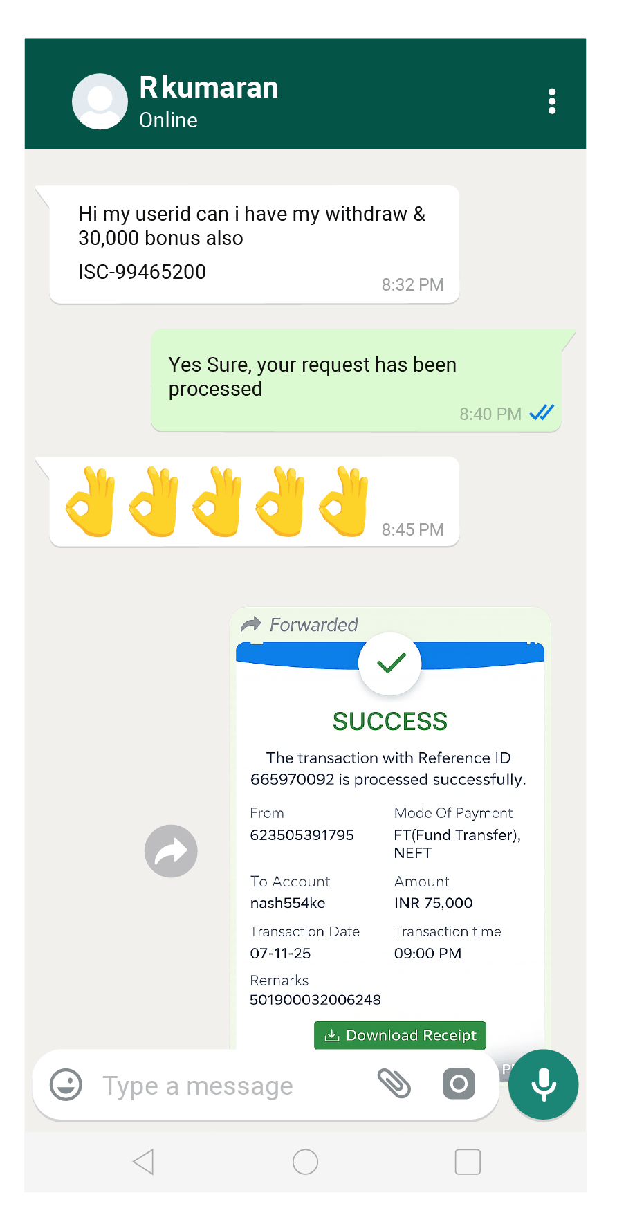 Customer WhatsApp review showing positive feedback about fast withdrawals 