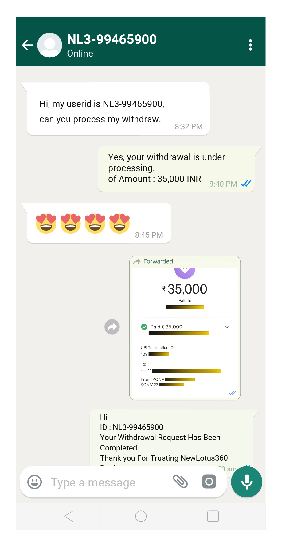 Customer WhatsApp testimonial praising quick payouts and great service 